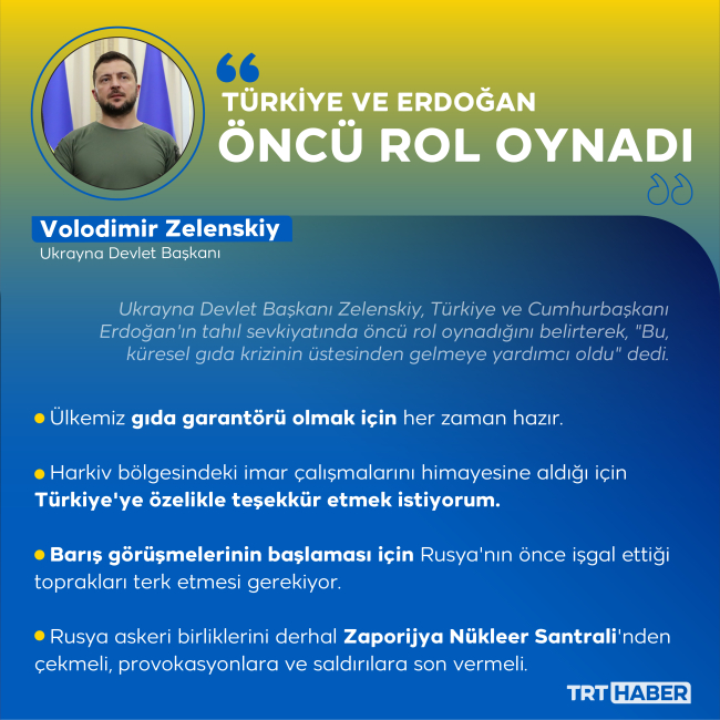 Zelenskiy: Türkiye ve Erdoğan tahıl sevkiyatında öncü rol oynadı