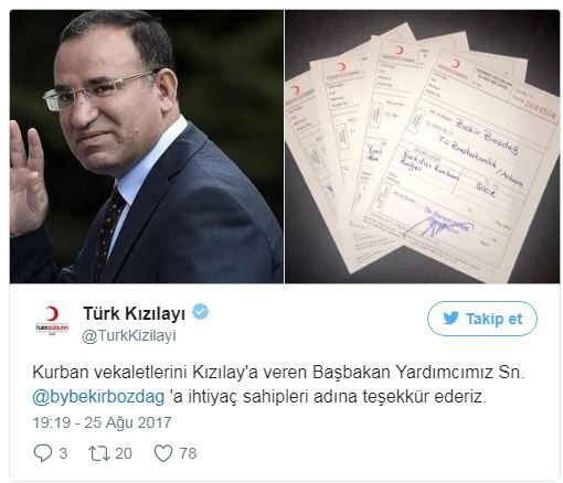 Başbakan Yardımcısı Bozdağ, kurban vekaletini Türk Kızılayı'na verdi