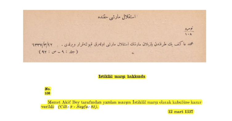 İstiklal Marşı'nın kabul edildiğine dair Meclis kararı.