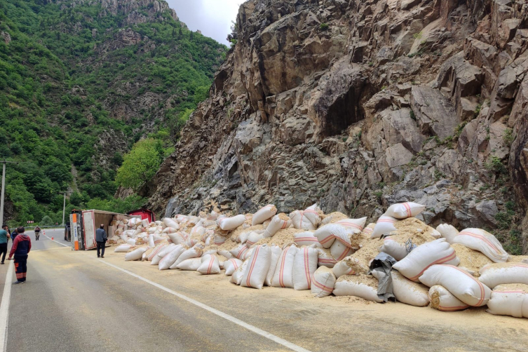 Gümüşhane'de saman yüklü tır devrildi: 1 yaralı