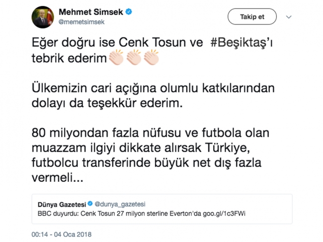 Başbakan Yardımcısı Mehmet Şimşek, Cenk Tosun ve Beşiktaş'ı tebrik etti