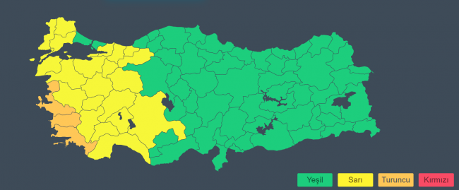 22 ile sarı 3 ile turuncu uyarı