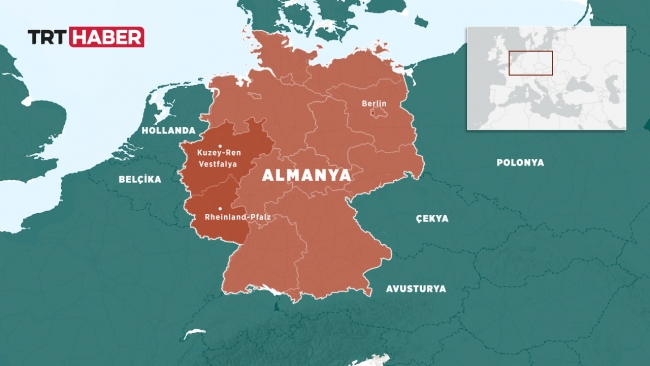 Aşırı yağışların etkili olduğu Rheinland-Pfalz ve Kuzey-Ren Vestfalya eyaletleri | Grafik: TRT Haber