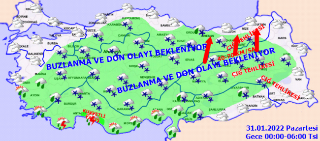 33 il için çığ, buzlanma ve don uyarısı