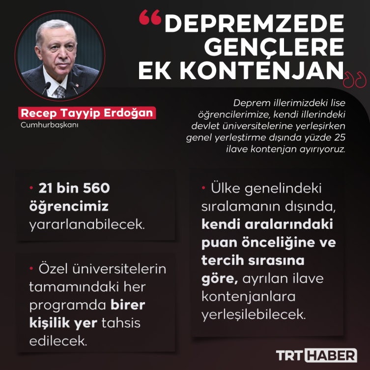 Cumhurbaşkanı Erdoğan duyurdu: Depremzede gençlere ek kontenjan