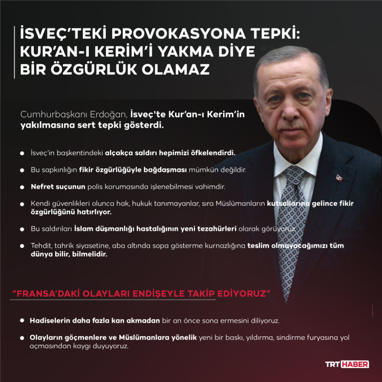 Cumhurbaşkanı Erdoğan'dan İsveç'e tepki: Kur'an-ı Kerim'i yakma diye bir özgürlük olamaz