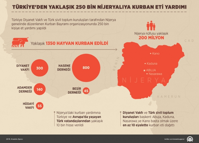 Türkiye'den yaklaşık 250 bin Nijeryalıya kurban eti yardımı