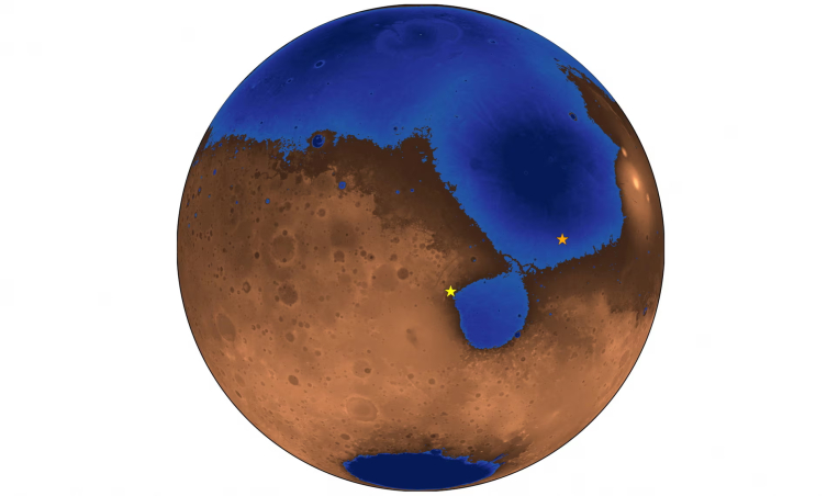 Yaklaşık 3.6 milyar yıl önce, bir okyanusun gezegenin neredeyse yarısını kaplamış olabileceği varsayımsal bir Mars resmi  ''Illustration: Robert Citron/Reuters''