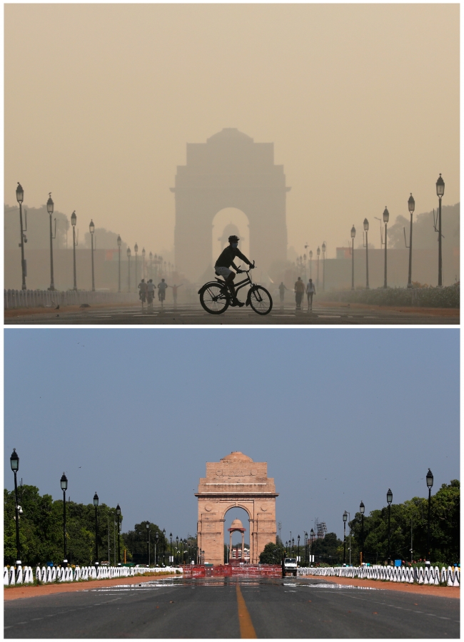 Hindistan'ın başkenti Yeni Delhi'deki Hint Kapısı. 17 Ekim 2019 (üstte), 8 Nisan 2020 (altta)| Fotoğraf: Reuters 