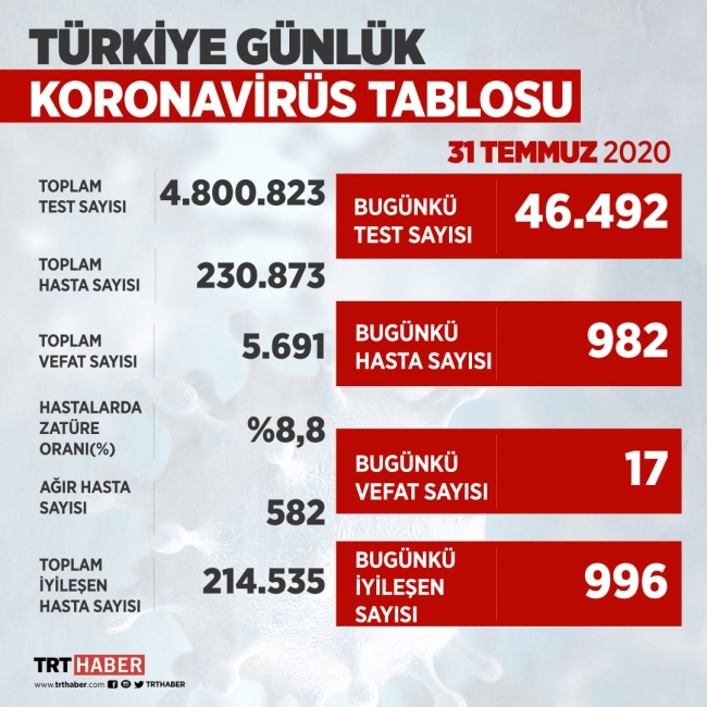 Türkiye'de iyileşenlerin sayısı 214 bin 535'e yükseldi