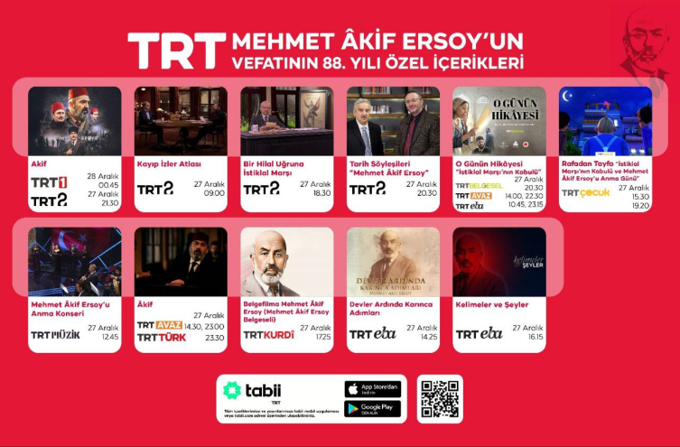 TRT’den Mehmet Âkif Ersoy’un vefatının 88. yıl dönümüne özel içerikler