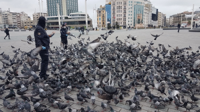 Taksim Meydanı'ndaki güvercinleri polis besledi