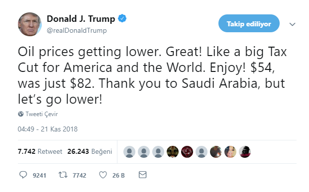 Trump'tan Suudi Arabistan'a "petrol fiyatı" teşekkürü