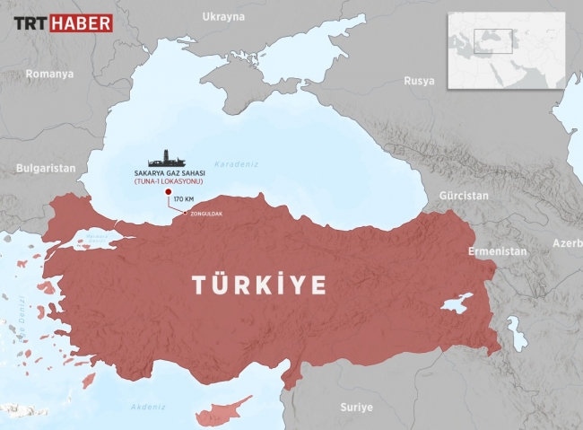 Zonguldak'tan yaklaşık 170 kilometre açıkta yer alan Sakarya Gaz Sahası (Tuna-1 Lokasyonu) - Harita: TRT Haber/ Nursel Cobuloğlu]